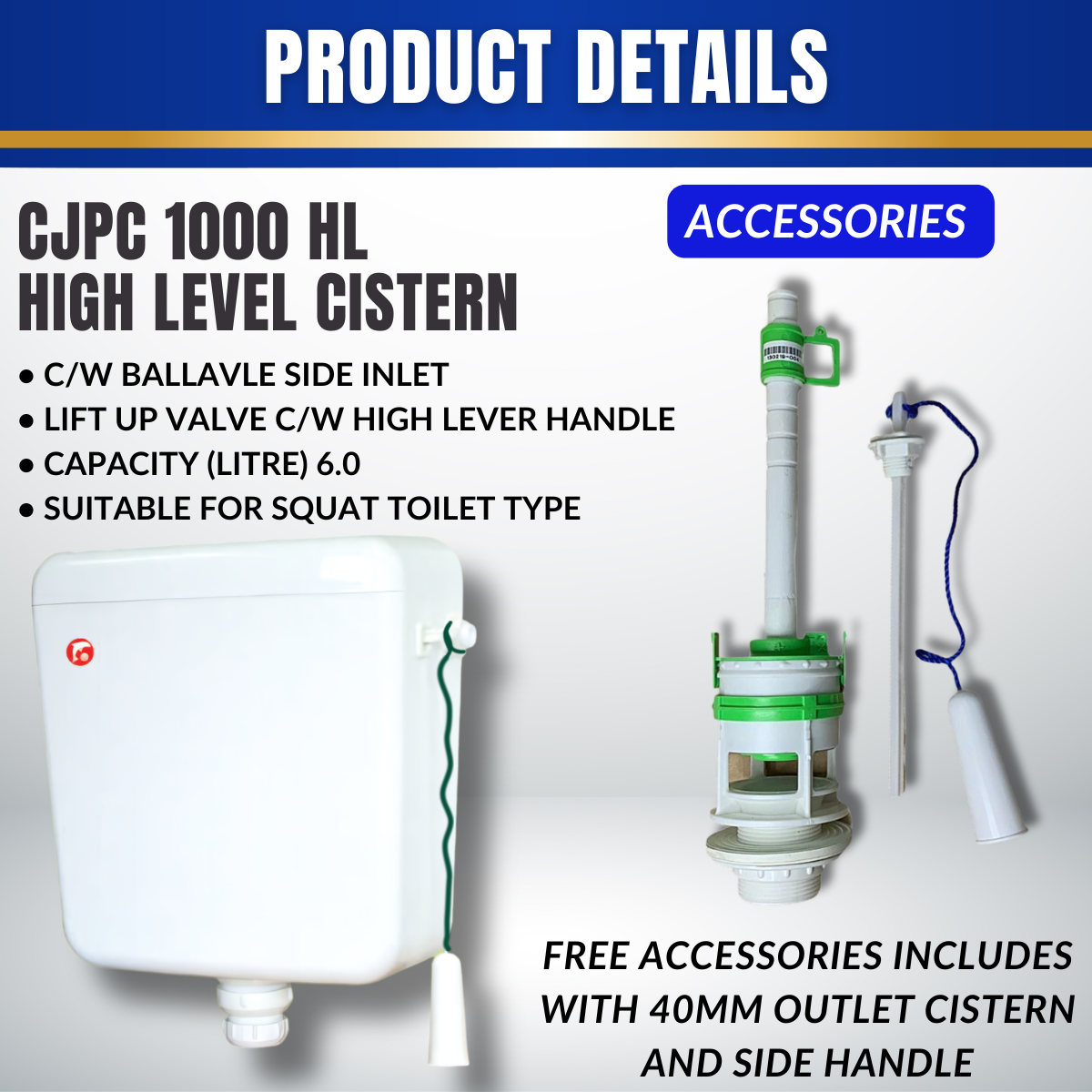 1 SET CJ Toilet Water Tank Plastic Cistern Push Button Single Flush Mid/Low Level 40mm 6 Litre White CJPC1000HL