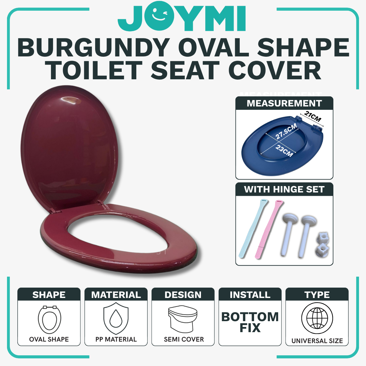 Oval Shape Burgundy Universal Size PP Material Semi Cover Heavy Duty Toilet Seat Cover With Full Set Accessories Best For Hotel/Airbnb/Home Use