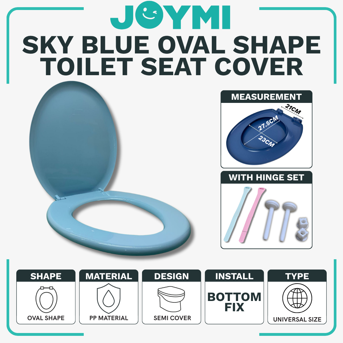 Oval Shape Sky Blue Universal Size PP Material Semi Cover Heavy Duty Toilet Seat Cover With Full Set Accessories Best For Hotel/Airbnb/Home Use