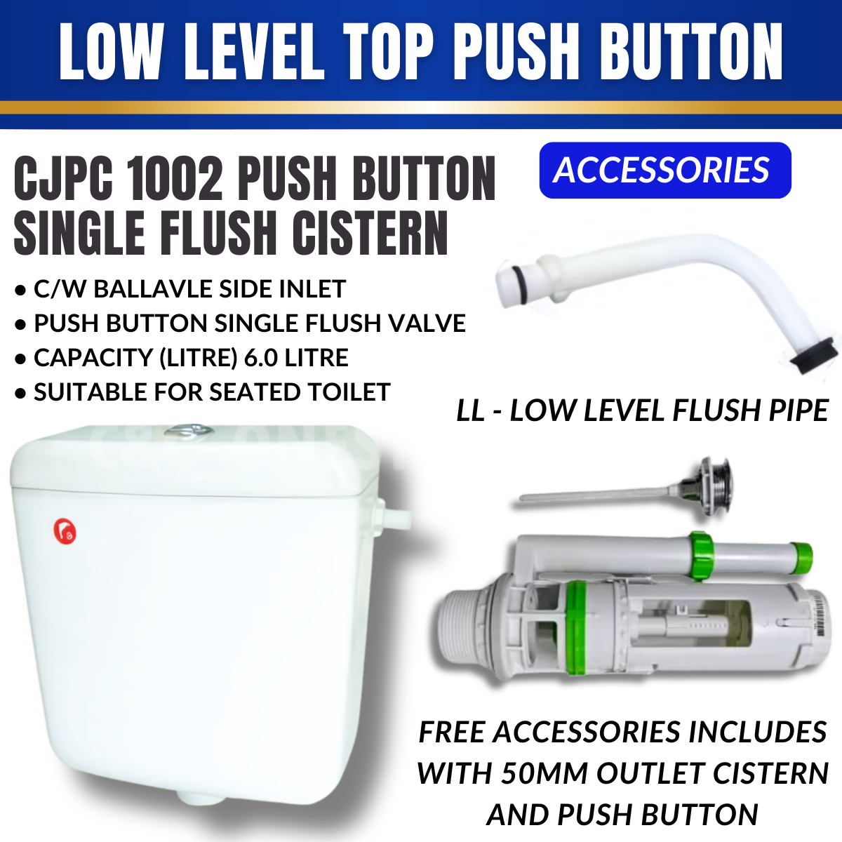 Toilet Water Tank Single Push Button - White