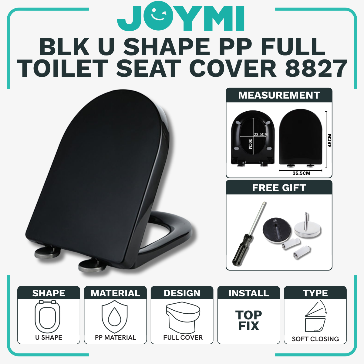 U Shape Black PP Material Full Cover Heavy Duty Toilet Seat Cover With Full Set Accessories Best For Hotel/Airbnb/Home Use 8827BK