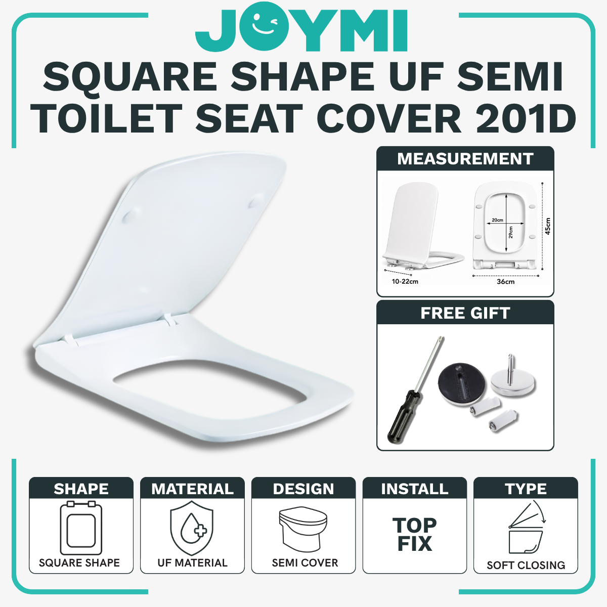 Square Shape UF Material Semi Cover Heavy Duty Toilet Seat Cover With Full Set Accessories Best For Hotel/Airbnb/Home Use 201D