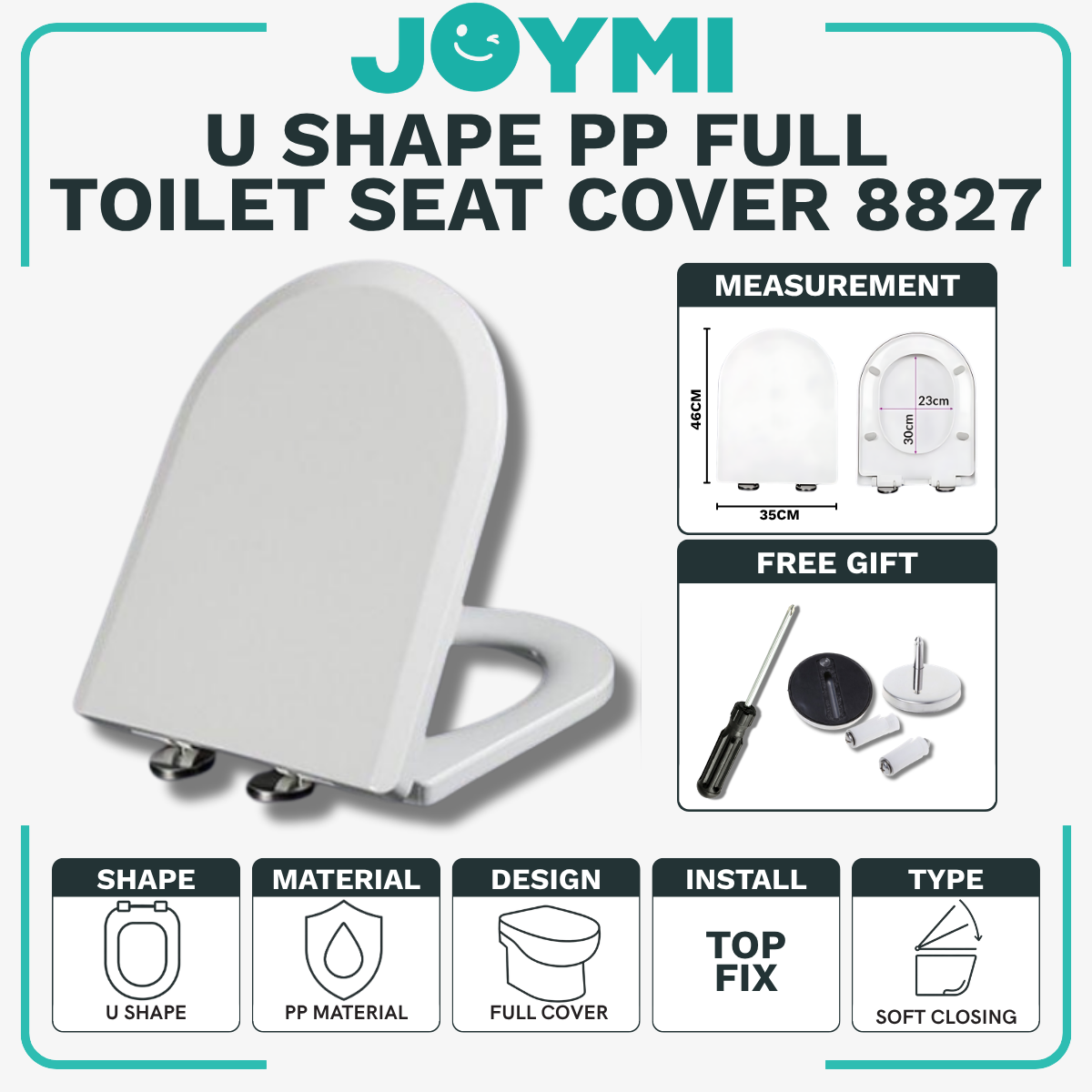 U Shape PP Material Full Cover Heavy Duty Toilet Seat Cover With Full Set Accessories Best For Hotel/Airbnb/Home Use 8827