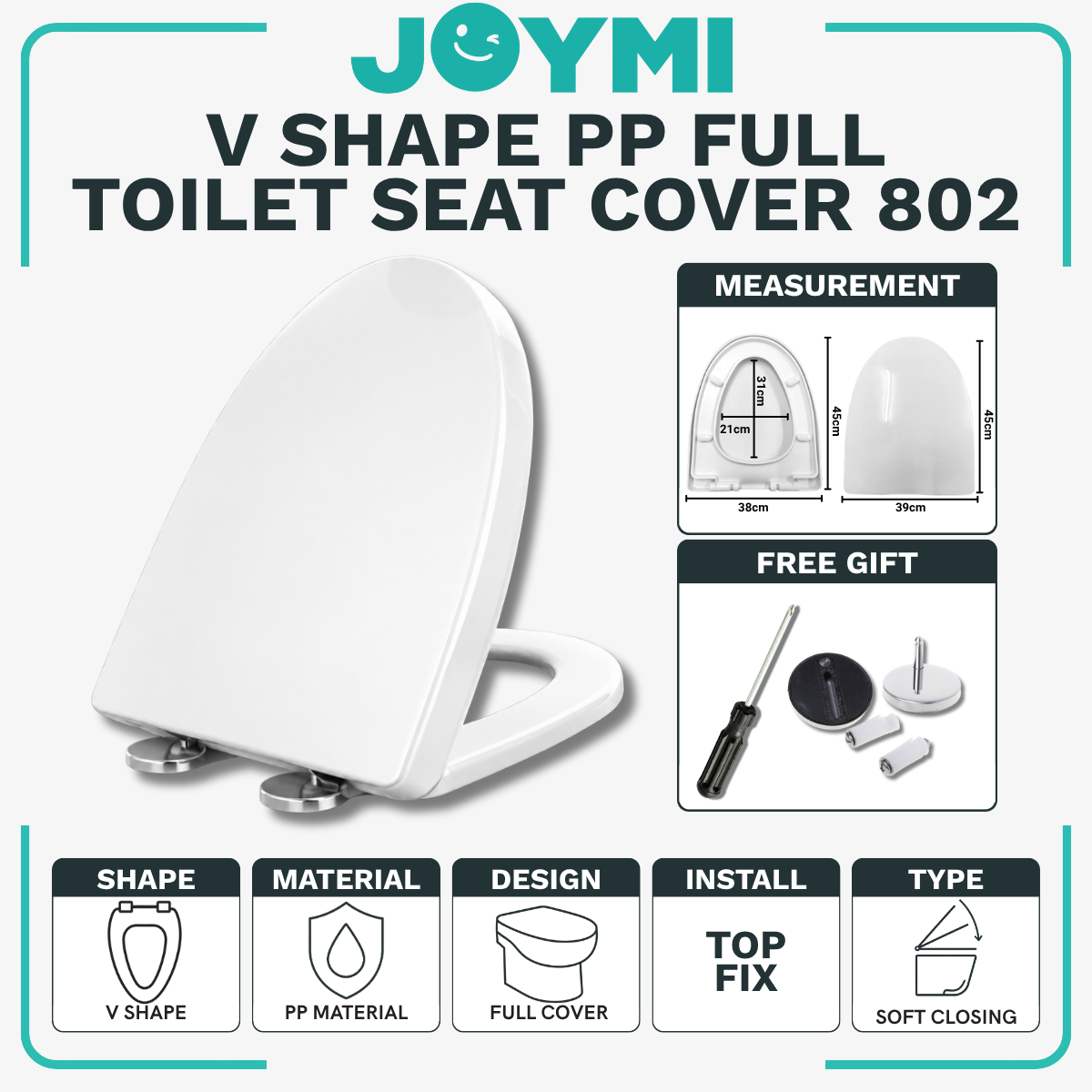 V Shape PP Material Full Cover Heavy Duty Toilet Seat Cover With Full Set Accessories Best For Hotel/Airbnb/Home Use 802