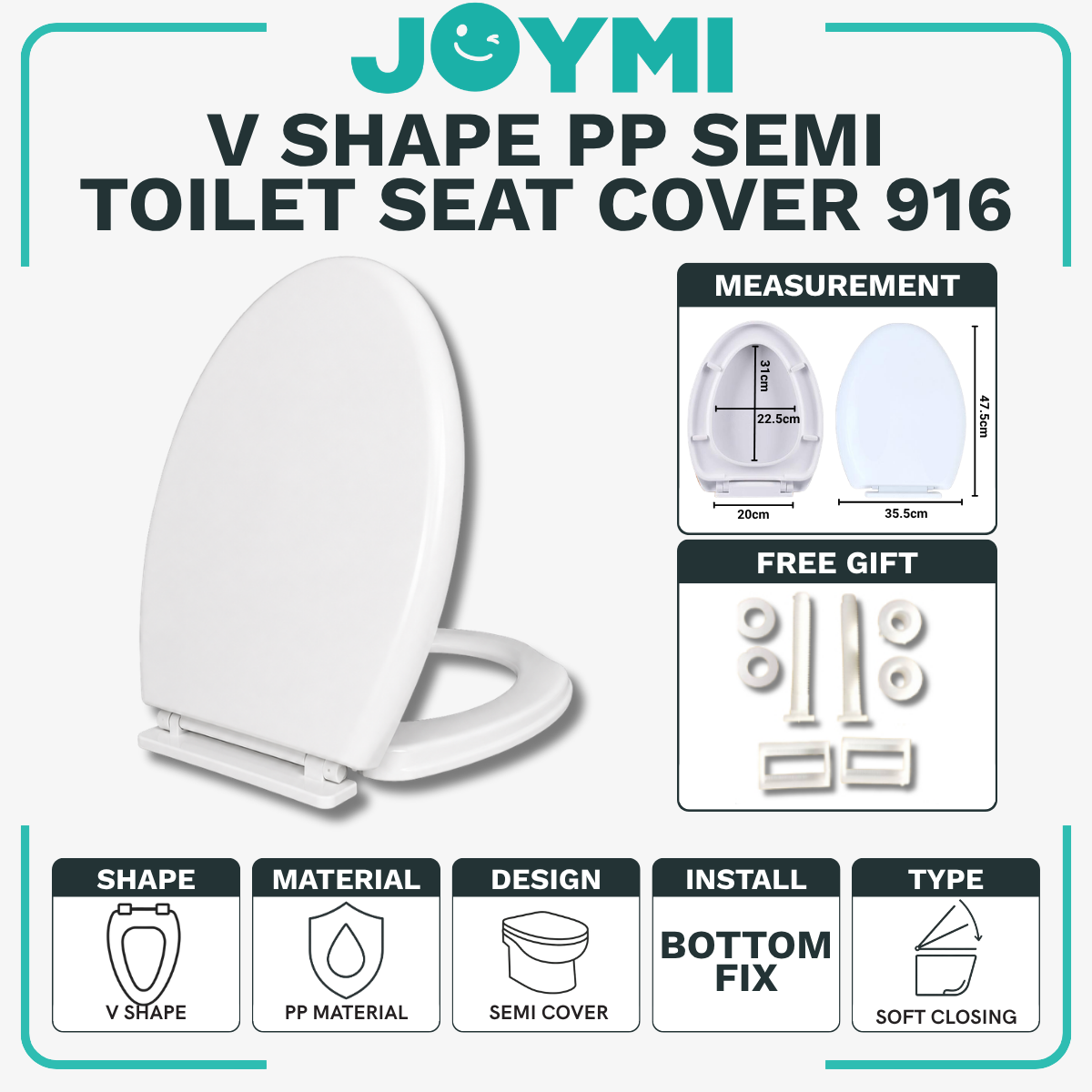 V Shape PP Material Semi Cover Heavy Duty Toilet Seat Cover With Full Set Accessories Best For Hotel/Airbnb/Home Use 916V