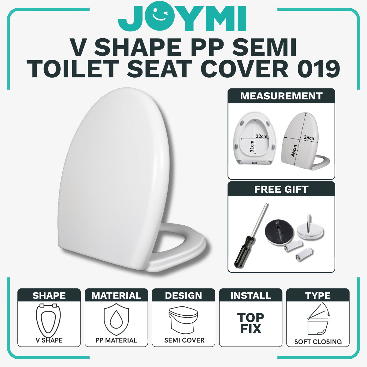 V Shape PP Material Semi Cover Heavy Duty Toilet Seat Cover With Full Set Accessories Best For Hotel/Airbnb/Home Use 019V