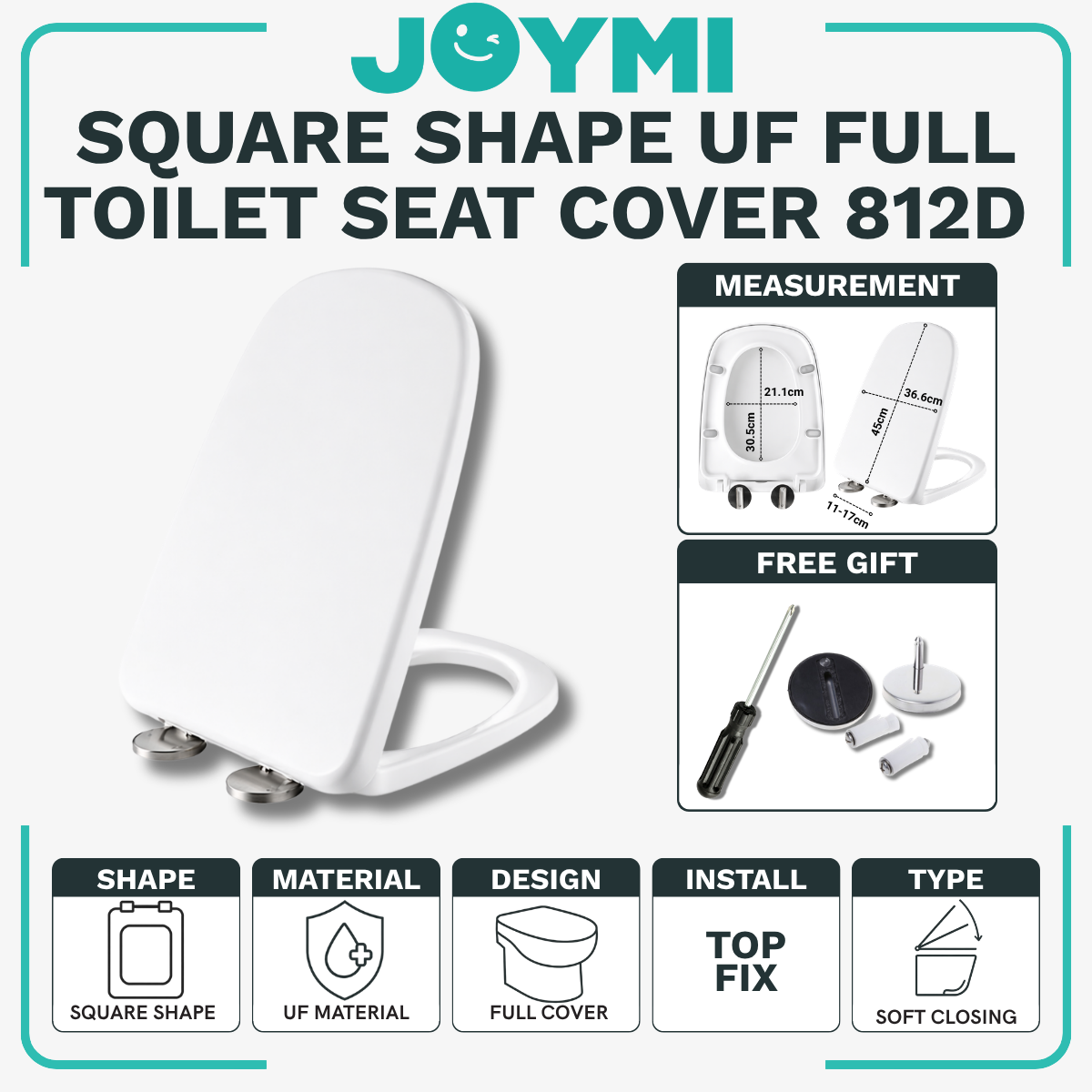 Square Shape UF Material Full Cover Heavy Duty Toilet Seat Cover With Full Set Accessories Best For Hotel/Airbnb/Home Use 812D