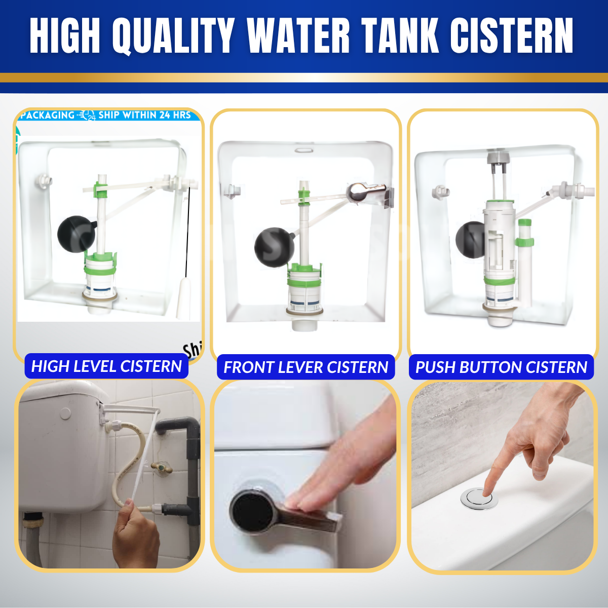 1 SET CJ Toilet Water Tank Plastic Cistern Push Button Single Flush Mid/Low Level 40mm 6 Litre White CJPC1000HL