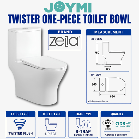 ZELLA ONE-PIECE S-Trap Twister Flush Toilet Bowl 250mm Full Set Accessories Heavy Duty Up to 200kg Best For Hotel/Airbnb/Home Use C654 S-Trap