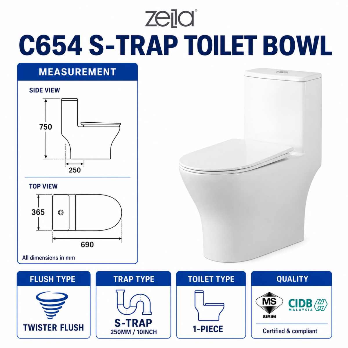 TEST JOYMI [Full Set One-Piece Toilet Bowl] with Water Tank and Toilet Seat Cover Full Set S-Trap P-Trap Toilet[C615 A828 C650]