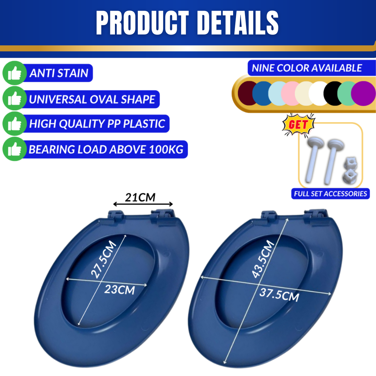 Oval Shape Black Universal Size PP Material Semi Cover Heavy Duty Toilet Seat Cover With Full Set Accessories Best For Hotel/Airbnb/Home Use