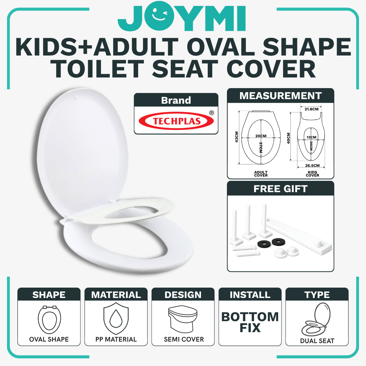 Techplas Oval Shape Kids + Adult Dual Seat PP Material Semi Cover Heavy Duty Toilet Seat Cover With Full Set Accessories Best For Hotel/Airbnb/Home Use 4225