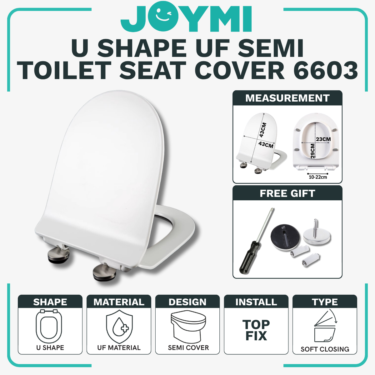 U Shape Toilet Seat Cover UF Material Semi Cover Heavy Duty Toilet Seat Cover With Full Set Accessories Best For Hotel/Airbnb/Home Use 6603
