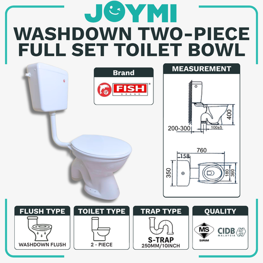 INNO TWO-PIECE S-Trap Washdown Flush Toilet Bowl 250mm Full Set Accessories Heavy Duty Up to 200kg Best For Hotel/Airbnb/Home Use 1001 S-Trap