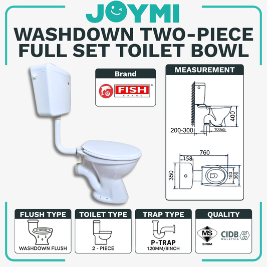 INNO TWO-PIECE P-Trap Washdown Flush Toilet Bowl 180mm Full Set Accessories Heavy Duty Up to 200kg Best For Hotel/Airbnb/Home Use 1001 P-Trap