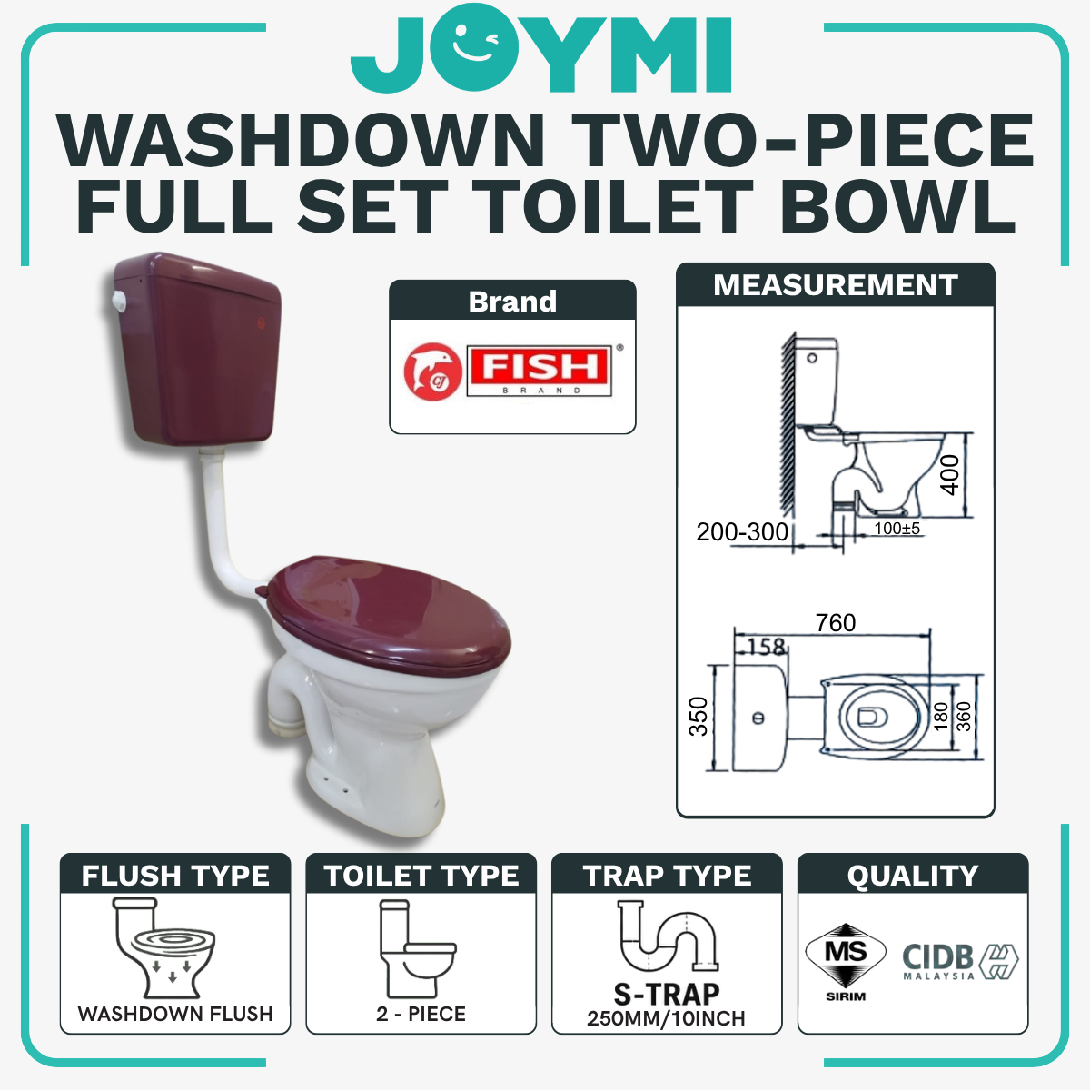 INNO TWO-PIECE S-Trap Washdown Flush Toilet Bowl 250mm Burgandy Full Set Accessories Heavy Duty Up to 200kg Best For Hotel/Airbnb/Home Use 1001 S-Trap