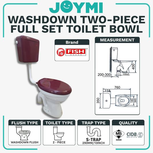 INNO TWO-PIECE S-Trap Washdown Flush Toilet Bowl 250mm Burgandy Full Set Accessories Heavy Duty Up to 200kg Best For Hotel/Airbnb/Home Use 1001 S-Trap