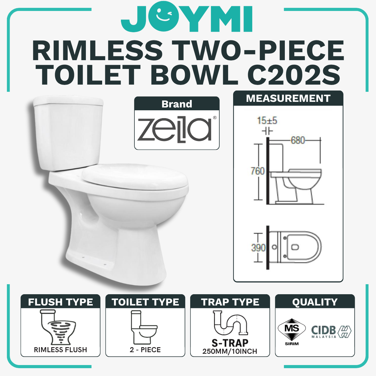 ZELLA TWO-PIECE S-Trap Rimless Flush Toilet Bowl 250mm Full Set Accessories Heavy Duty Up to 500kg Best For Hotel/Airbnb/Home Use C202 S-Trap