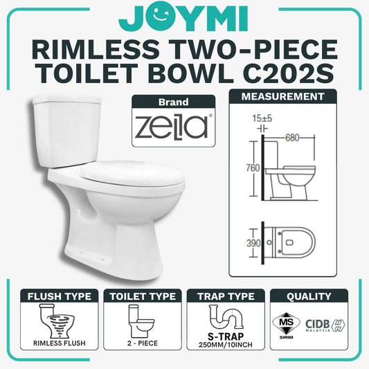 ZELLA TWO-PIECE S-Trap Rimless Flush Toilet Bowl 250mm Full Set Accessories Heavy Duty Up to 500kg Best For Hotel/Airbnb/Home Use C202 S-Trap
