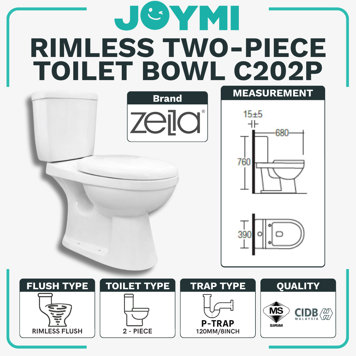 ZELLA TWO-PIECE P-Trap Rimless Flush Toilet Bowl 180mm Full Set Accessories Heavy Duty Up to 500kg Best For Hotel/Airbnb/Home Use C202 P-Trap