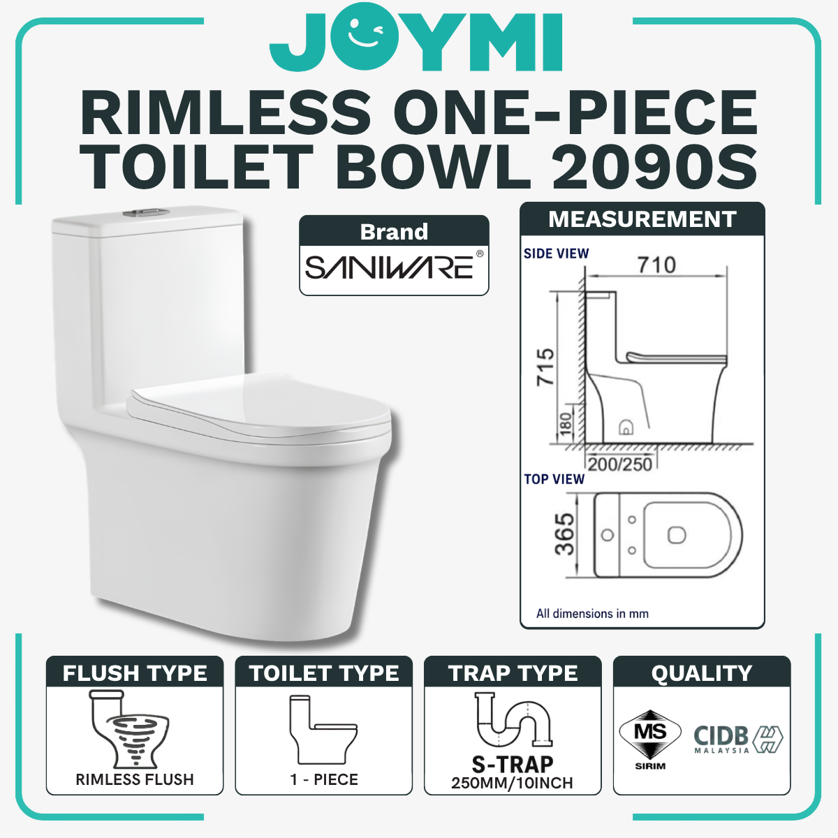 SANIWARE ONE-PIECE S-Trap Rimless Flush Toilet Bowl 250mm Full Set Accessories Heavy Duty Up to 500kg Best For Hotel/Airbnb/Home Use WC2090 S-Trap