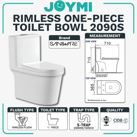 SANIWARE ONE-PIECE S-Trap Rimless Flush Toilet Bowl 250mm Full Set Accessories Heavy Duty Up to 500kg Best For Hotel/Airbnb/Home Use WC2090 S-Trap