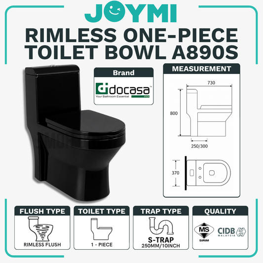 DOCASA ONE-PIECE S-Trap Rimless Flush Toilet Bowl 250mm Full Set Accessories Heavy Duty Up to 500kg Best For Hotel/Airbnb/Home Use A890 S-Trap
