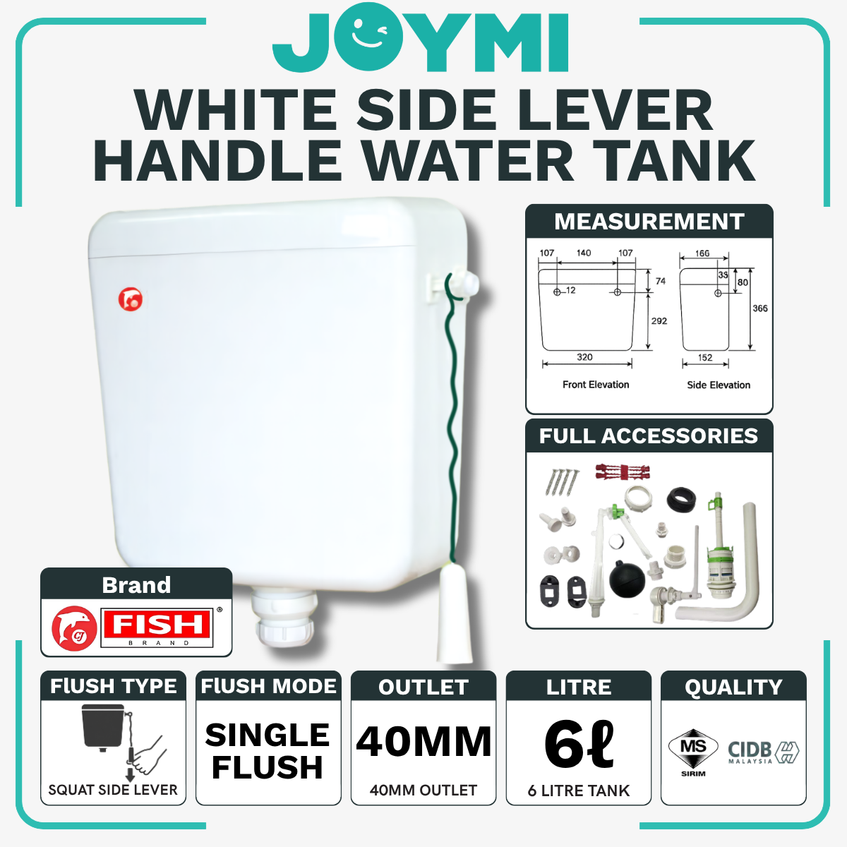 1 SET CJ Toilet Water Tank Plastic Cistern Push Button Single Flush Mid/Low Level 40mm 6 Litre White CJPC1000HL