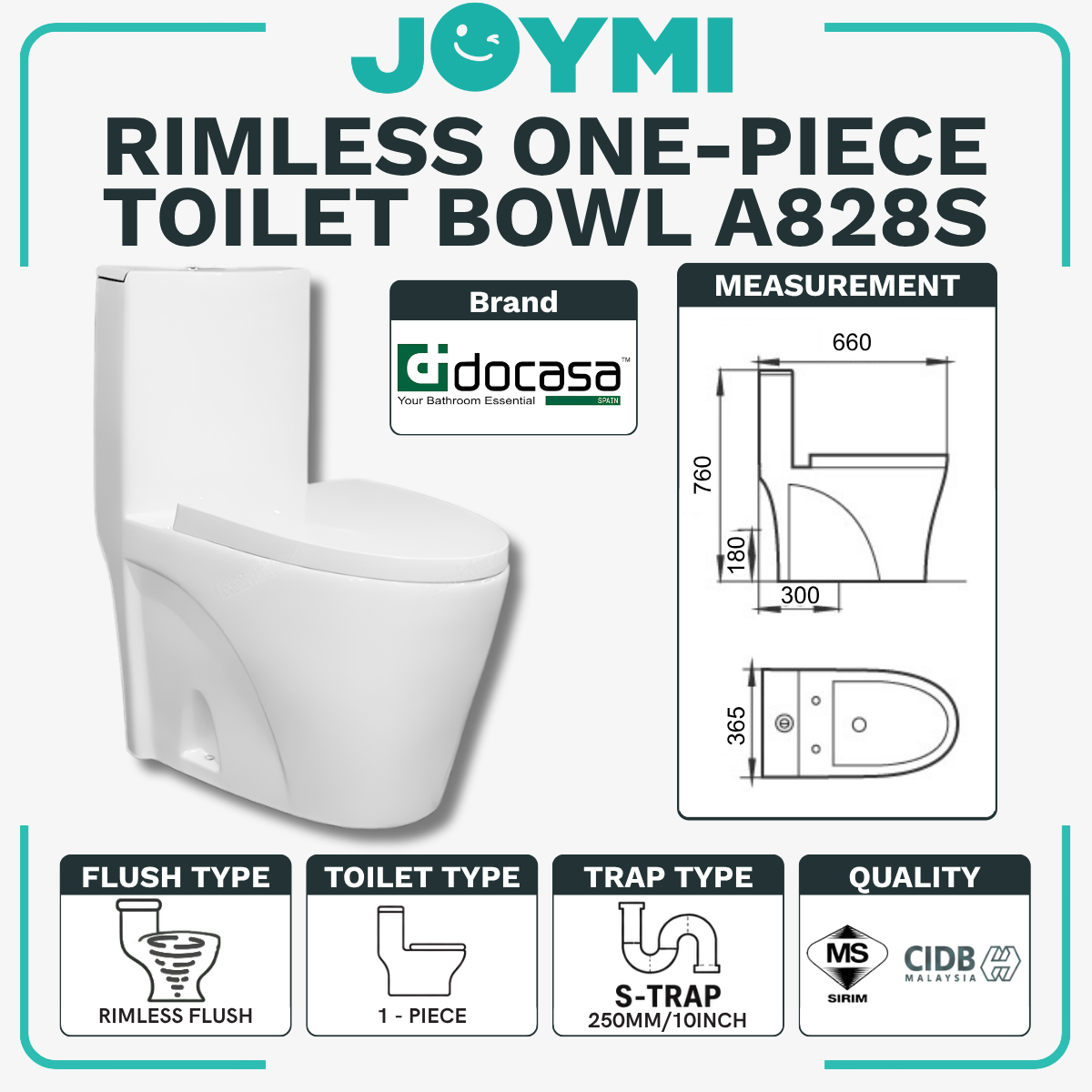 DOCASA ONE-PIECE S-Trap Rimless Flush Toilet Bowl 250mm Full Set Accessories Heavy Duty Up to 500kg Best For Hotel/Airbnb/Home Use A828 S-Trap