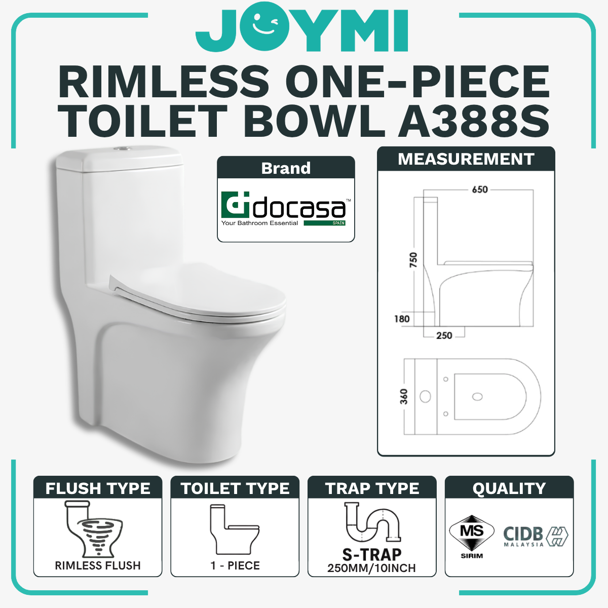 DOCASA ONE-PIECE S-Trap Rimless Flush Toilet Bowl 250mm Full Set Accessories Heavy Duty Up to 500kg Best For Hotel/Airbnb/Home Use A388 S-Trap