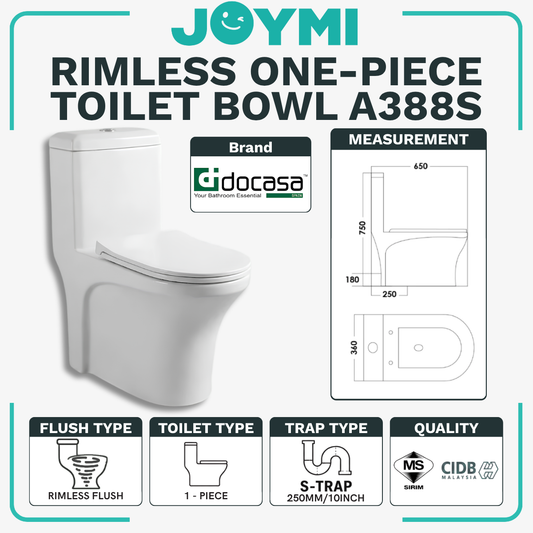 DOCASA ONE-PIECE S-Trap Rimless Flush Toilet Bowl 250mm Full Set Accessories Heavy Duty Up to 500kg Best For Hotel/Airbnb/Home Use A388 S-Trap