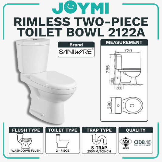 SANIWARE TWO-PIECE  S-Trap Washdown Flush Toilet Bowl 250mm Full Set Accessories Heavy Duty Up to 500kg Best For Hotel/Airbnb/Home Use 2122A S-Trap