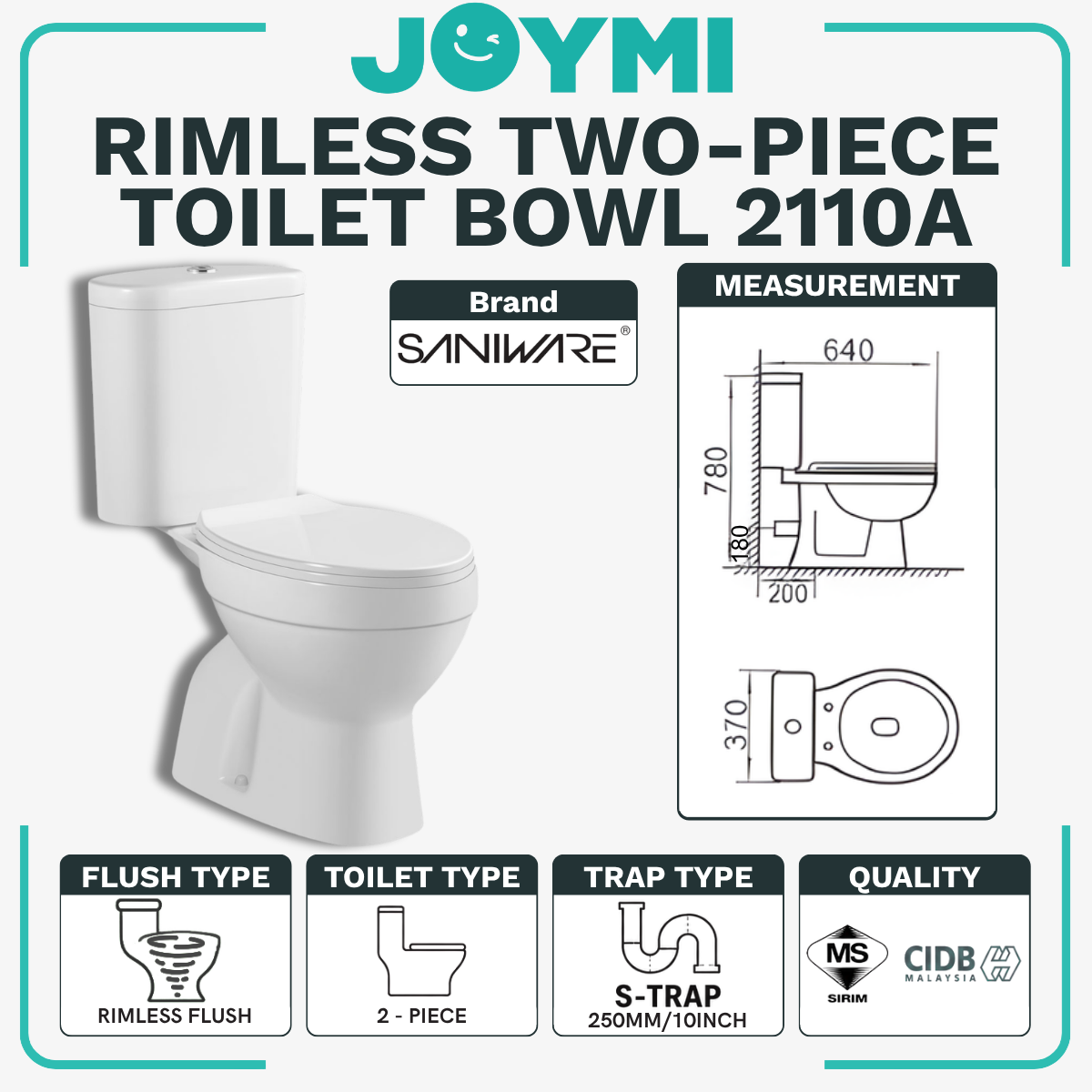 SANIWARE TWO-PIECE S-Trap Rimless Flush Toilet Bowl 250mm Full Set Accessories Heavy Duty Up to 500kg Best For Hotel/Airbnb/Home Use 2110A S-Trap