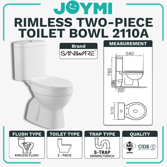 SANIWARE TWO-PIECE S-Trap Rimless Flush Toilet Bowl 250mm Full Set Accessories Heavy Duty Up to 500kg Best For Hotel/Airbnb/Home Use 2110A S-Trap