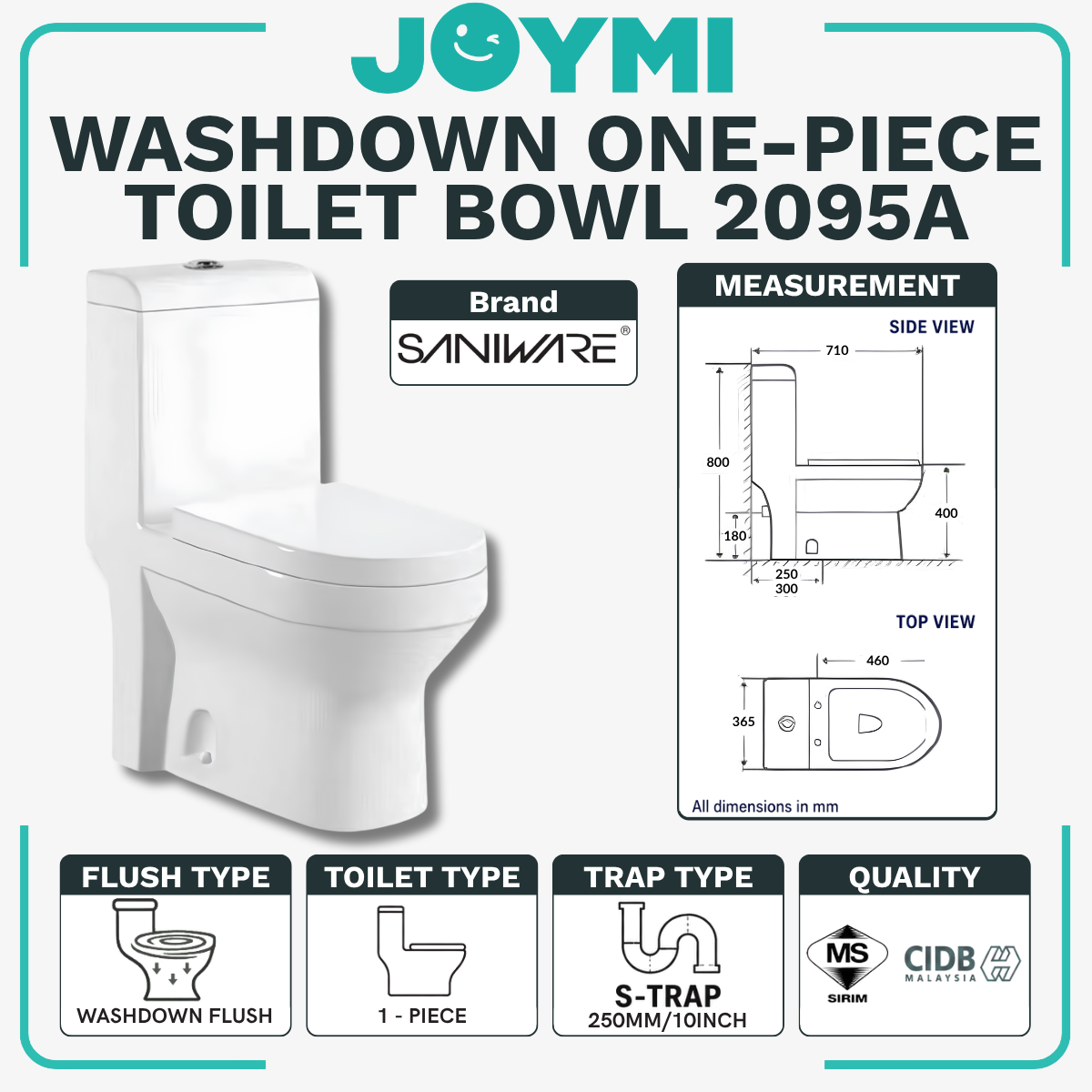 SANIWARE ONE-PIECE S-Trap Rimless Flush Toilet Bowl 250mm Full Set Accessories Heavy Duty Up to 500kg Best For Hotel/Airbnb/Home Use WC2095 S-Trap