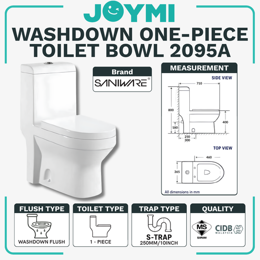 SANIWARE ONE-PIECE S-Trap Rimless Flush Toilet Bowl 250mm Full Set Accessories Heavy Duty Up to 500kg Best For Hotel/Airbnb/Home Use WC2095 S-Trap