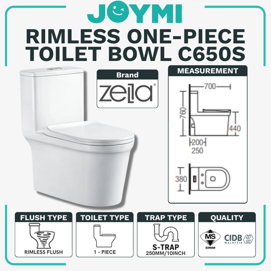 ZELLA ONE-PIECE S-Trap Rimless Flush Toilet Bowl 250mm Full Set Accessories Heavy Duty Up to 500kg Best For Hotel/Airbnb/Home Use C650 S-Trap