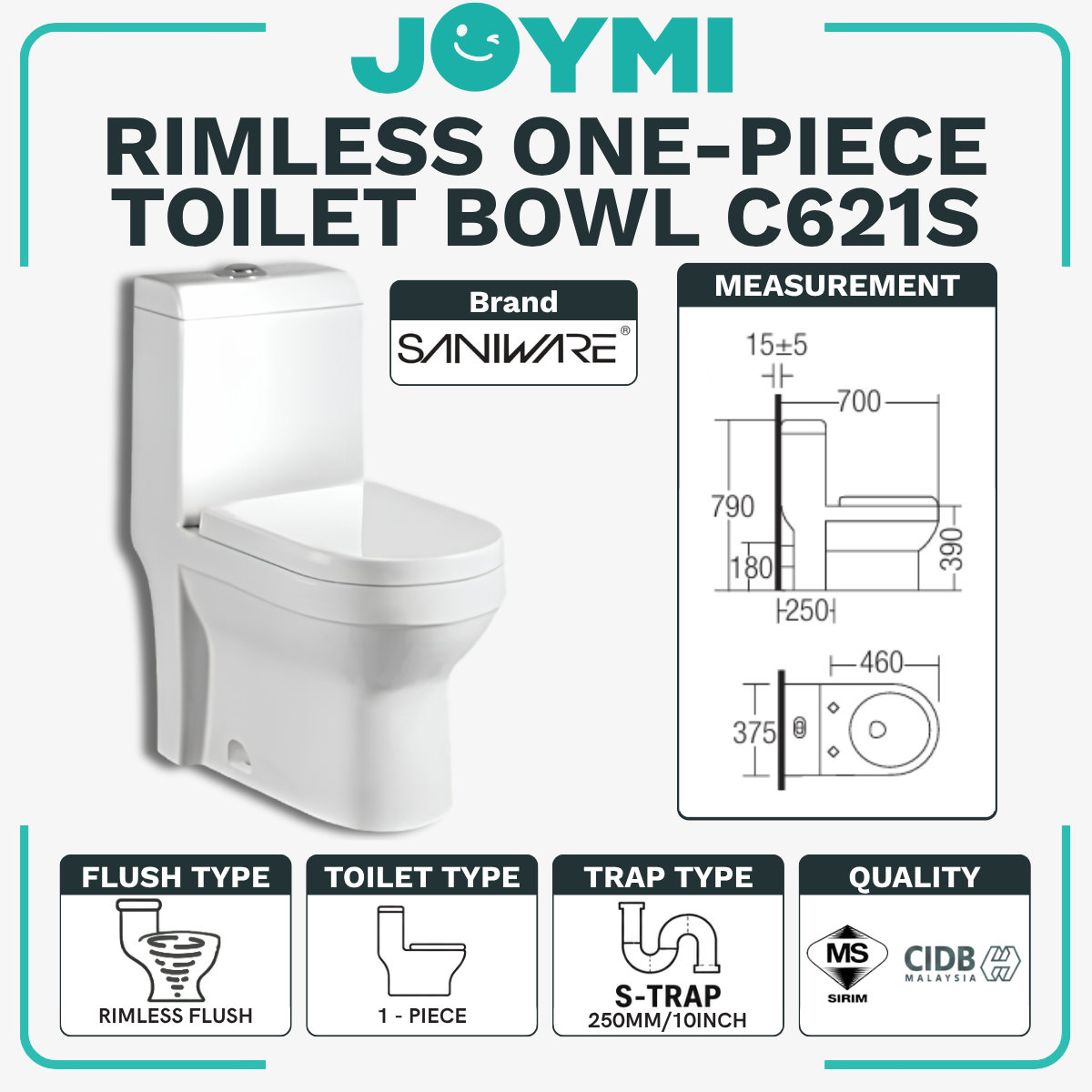 SANIWARE ONE-PIECE S-Trap Rimless Flush Toilet Bowl 250mm Full Set Accessories Heavy Duty Up to 500kg Best For Hotel/Airbnb/Home Use C621 S-Trap