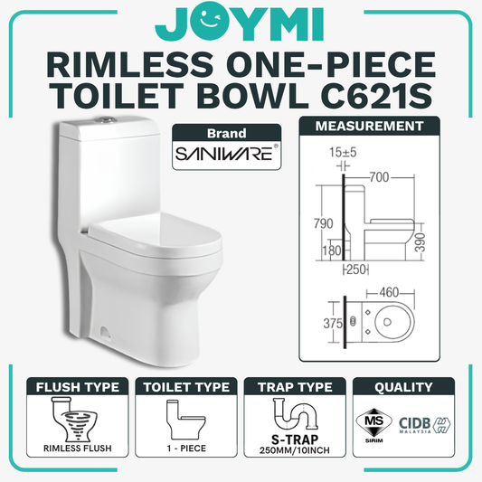 SANIWARE ONE-PIECE S-Trap Rimless Flush Toilet Bowl 250mm Full Set Accessories Heavy Duty Up to 500kg Best For Hotel/Airbnb/Home Use C621 S-Trap
