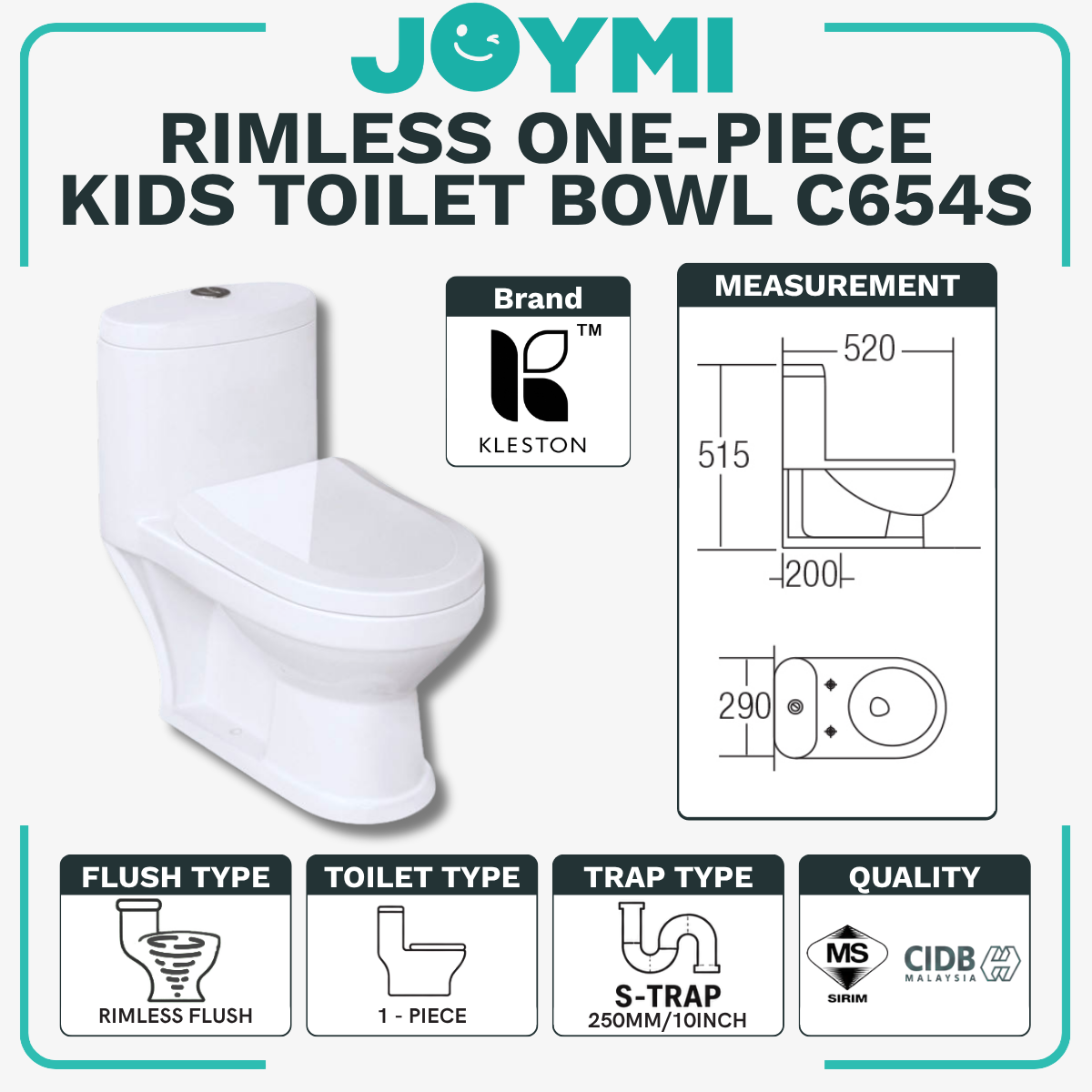 S-Trap ONE-PIECE Washdown Flush Children Toilet Bowl 300mm Full Set Accessories Kid-Size Low Height Best For Kindergarten/Nursery/Home Use WC200 CHILD S-Trap
