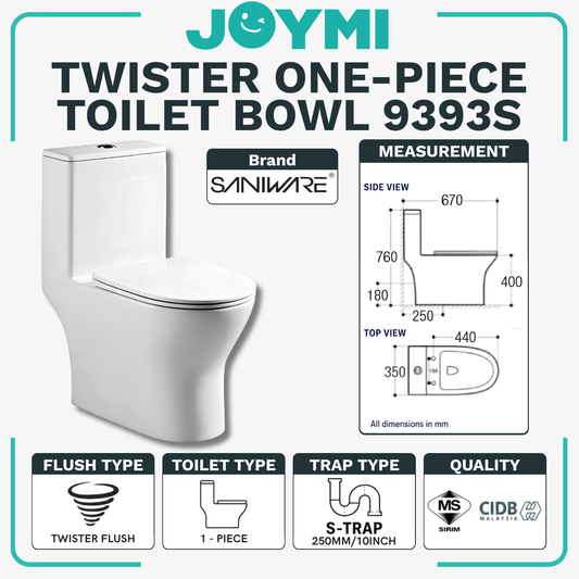 SANIWARE ONE-PIECE S-Trap Rimless Flush Toilet Bowl 250mm Full Set Accessories Heavy Duty Up to 500kg Best For Hotel/Airbnb/Home Use WC9393 S-Trap