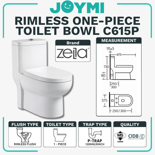 ZELLA ONE-PIECE P-Trap Rimless Flush Toilet Bowl 180mm Full Set Accessories Heavy Duty Up to 500kg Best For Hotel/Airbnb/Home Use C615 P-Trap