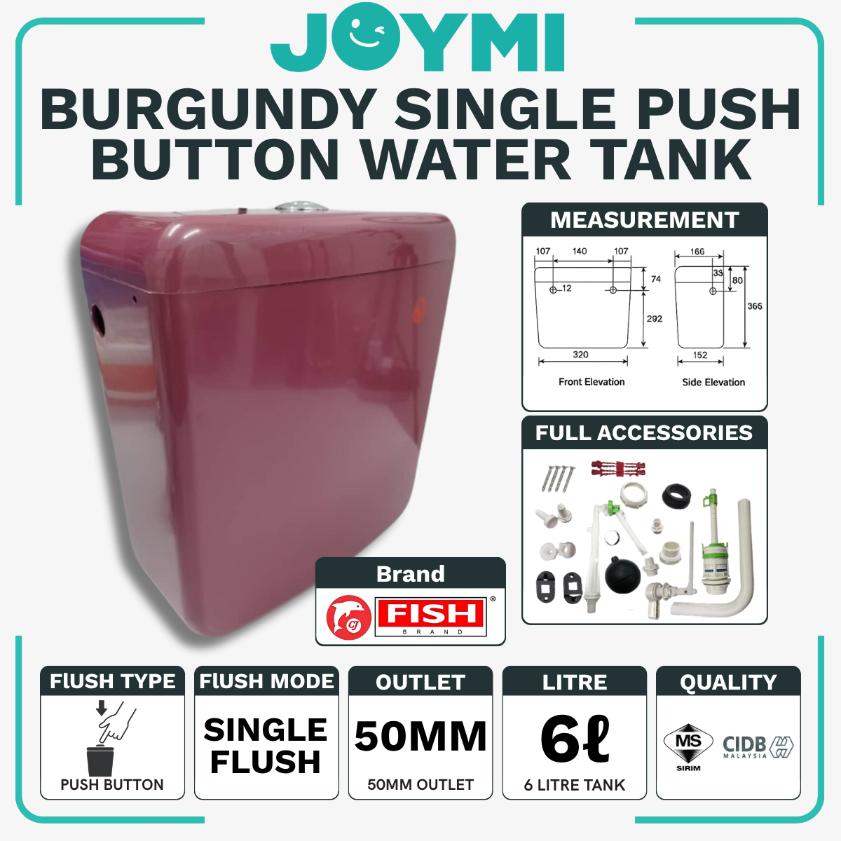 Toilet Water Tank Single Push Button - Burgandy