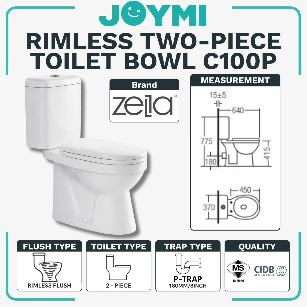 INNO TWO-PIECE P-Trap Rimless Flush Toilet Bowl 180mm Full Set Accessories Heavy Duty Up to 500kg Best For Hotel/Airbnb/Home Use C100 P-Trap