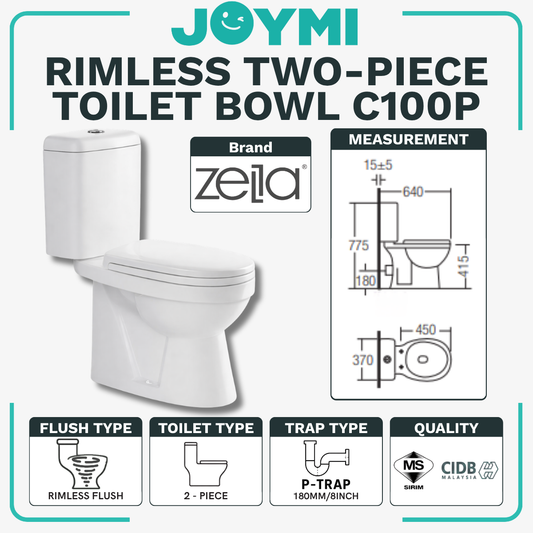 INNO TWO-PIECE P-Trap Rimless Flush Toilet Bowl 180mm Full Set Accessories Heavy Duty Up to 500kg Best For Hotel/Airbnb/Home Use C100 P-Trap