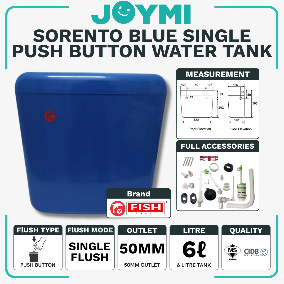 Toilet Water Tank Single Push Button - Sorento Blue