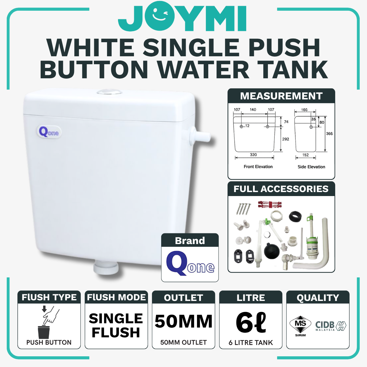 Toilet Water Tank Single Push Button - Q1 Brand - White