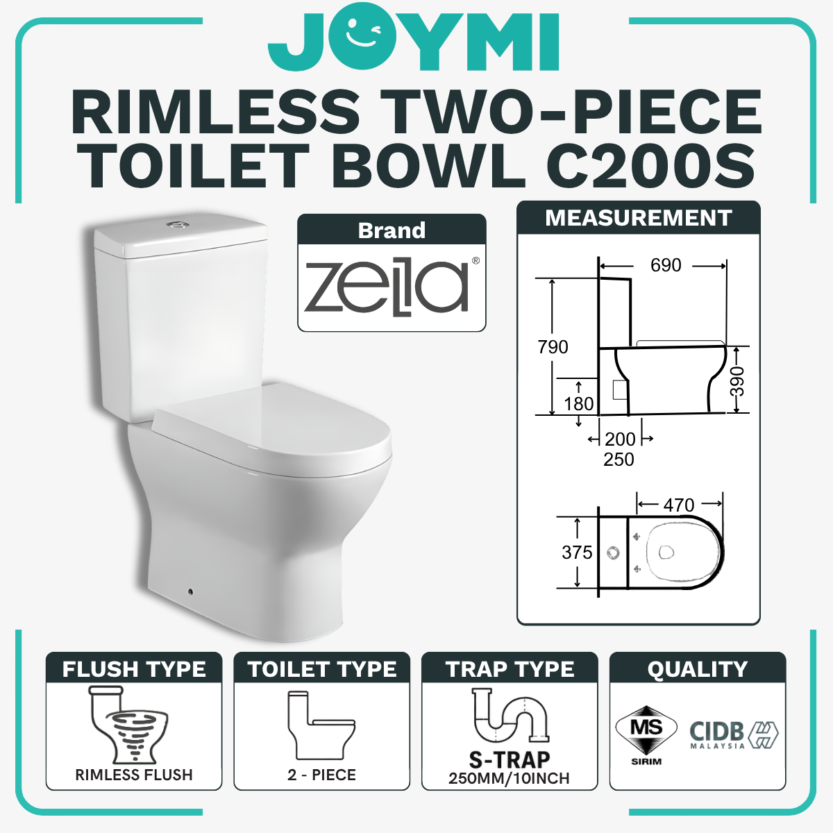 ZELLA TWO-PIECE S-Trap Rimless Flush Toilet Bowl 250mm Full Set Accessories Heavy Duty Up to 500kg Best For Hotel/Airbnb/Home Use C200 S-Trap