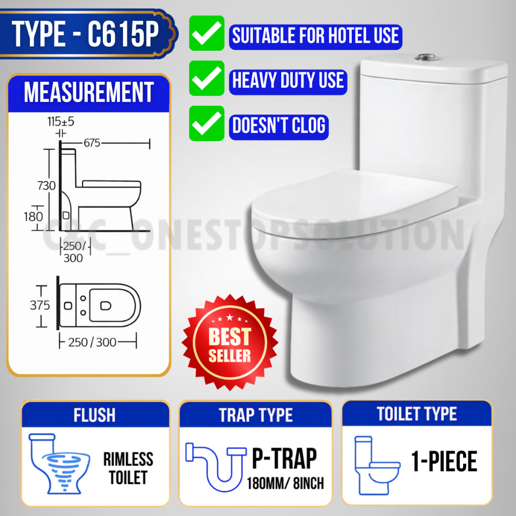 TEST JOYMI [Full Set One-Piece Toilet Bowl] with Water Tank and Toilet Seat Cover Full Set S-Trap P-Trap Toilet[C615 A828 C650]