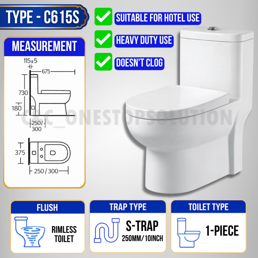TEST JOYMI [Full Set One-Piece Toilet Bowl] with Water Tank and Toilet Seat Cover Full Set S-Trap P-Trap Toilet[C615 A828 C650]